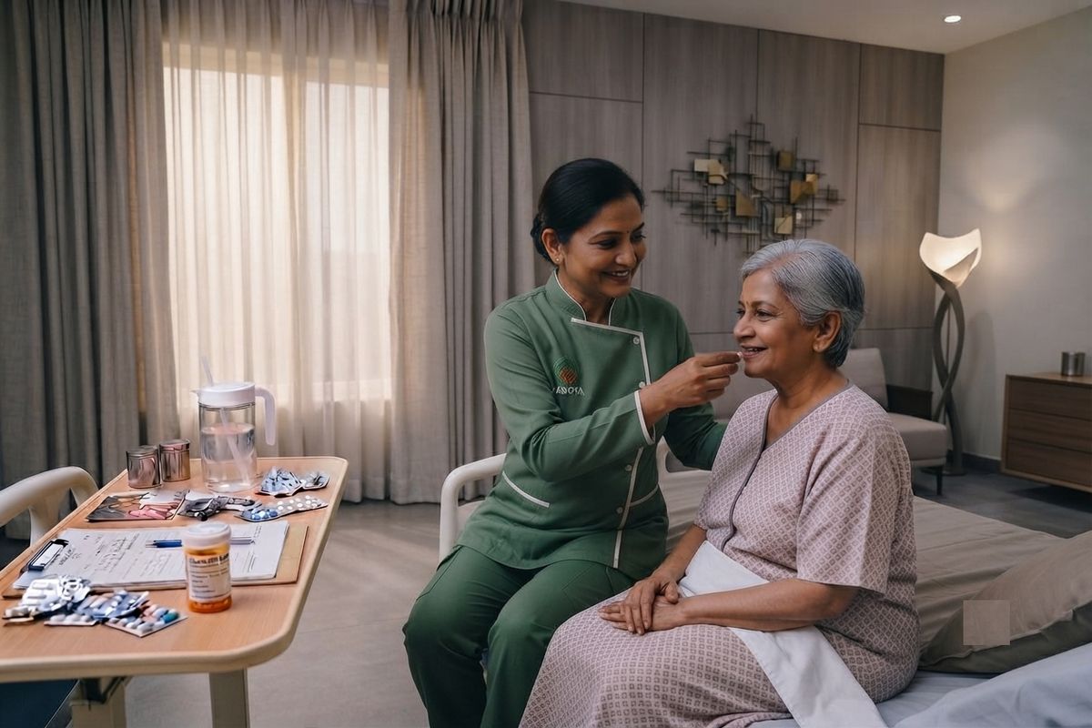 A Zabota caregiver sharing a warm moment with an older woman at home